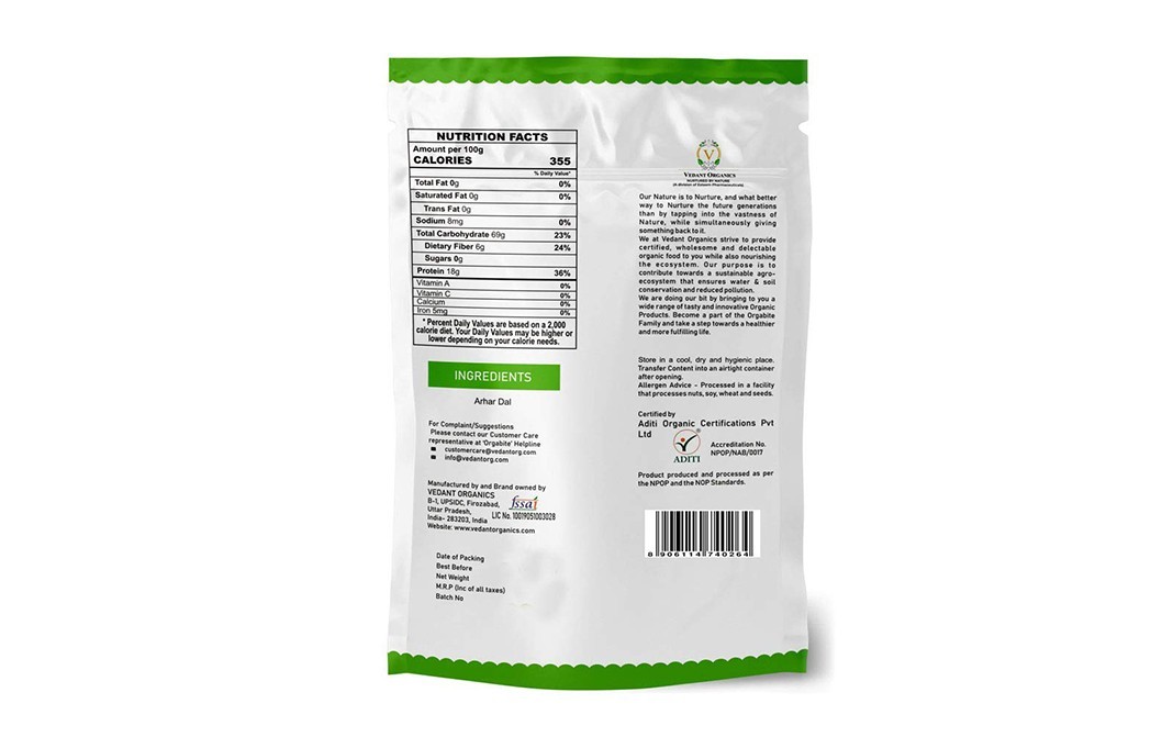 Orgabite Organic Arhar Dal    Pack  1 kilogram